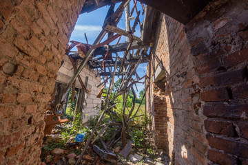 Burned house. Fire damage. A site of fire.