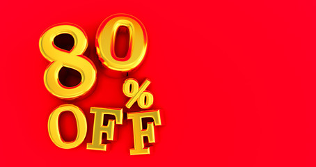 80% off. Gold eighty percent. gold eighty percent on red background. 3D render.