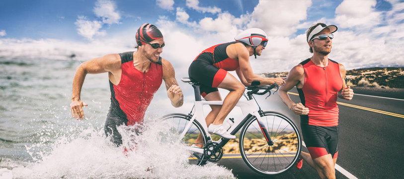 Triathlon swim bike run triathlete man running biking swimming in ocean at ironman race banner panorama. Three pictures composite of professional fitness athlete.