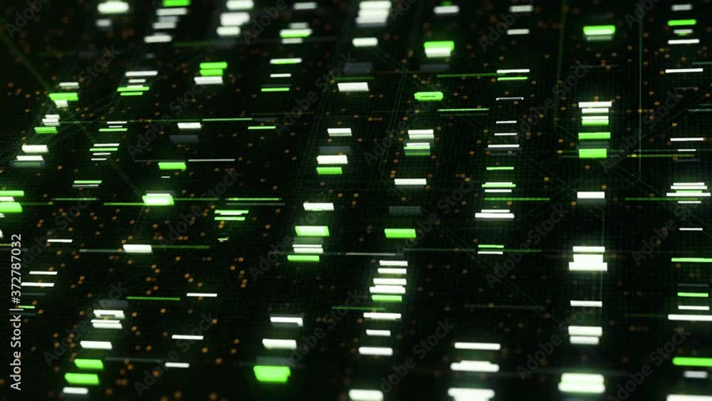 Poster code processing in circuit board, abstract server. animation. data moves in the form of rows of glow