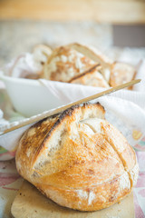 Freshly cooked white bread still in the bread pan