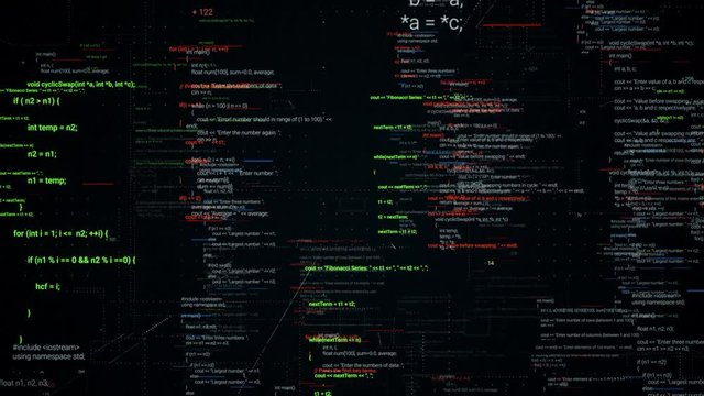 Abstract computer monitor with moving symbols. Animation. Green linux terminal commands on black background, conept of operating systems and technologies.