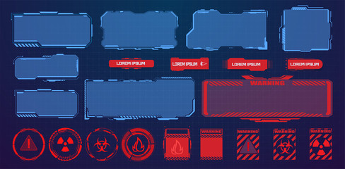 HUD, UI, GUI futuristic user interface screen elements set. High tech screen for video game. Sci-fi design. Callouts titles. Modern banners, frames of lower third. Red warning, danger frame. Vector