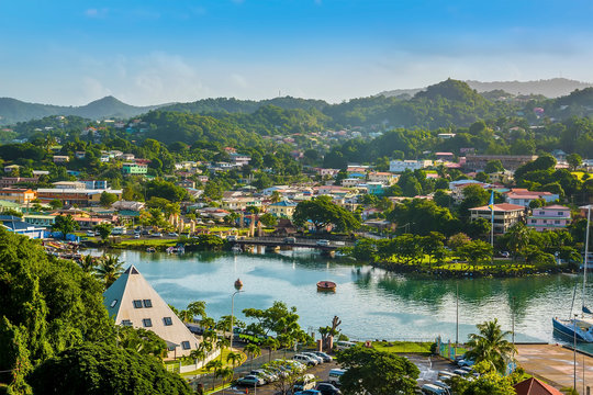 A view over an inner waterway in Castries, St Lucia in the morning