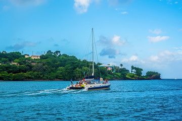 A view of tourist boats heading out to sea from Castries, St Lucia in the morning