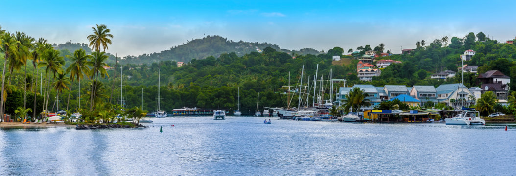 A panorama view into Marigot Bay, St Lucia in the morning