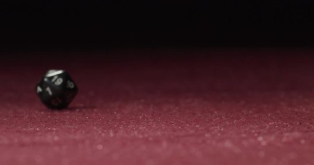 Close-up of Black 20-Sided Dice Rolling in Slow Motion Revealing 20 Side
