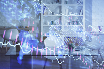 Double exposure of financial graph drawing and office interior background. Concept of stock market.