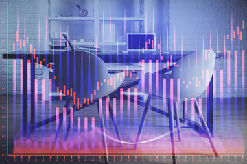 Multi exposure of financial graph drawing and office interior background. Concept of market analysis.