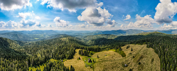 Aerial view of mountain meadow on sunny summer day in Beskidy, Krawcow Wierch, Poland