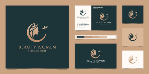 Elegant woman hair salon gold gradient logo design and business card