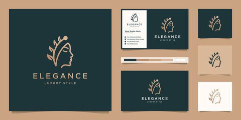 Elegant face woman hair salon gold gradient leaf logo design and business card