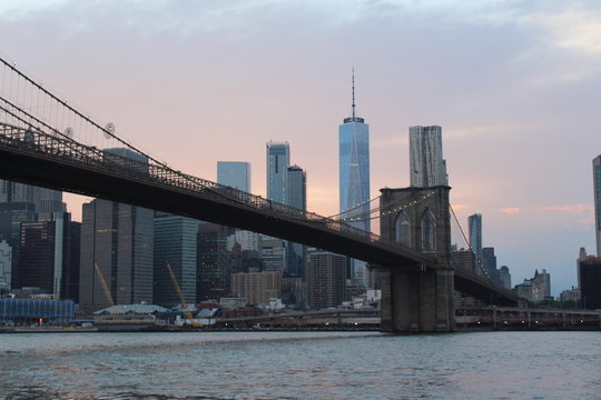 The Brooklyn Bridge in New York at sunset.