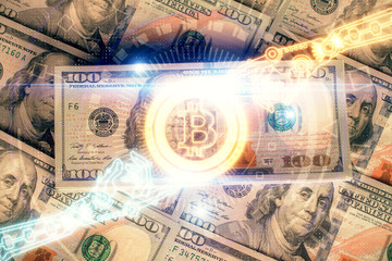 Multi exposure of crypto theme drawing over us dollars bill background. Concept of blockchain...