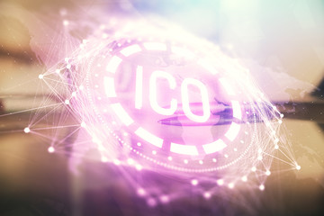 Double exposure of crypto currency theme drawing hologram over coffee cup background in office. Concept of international blockchain.