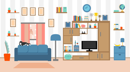 Living room interior. Lounge with furniture, window, TV, cat, a bottle of wine. Home background in flat design. Cozy house equipment. Vector illustration.
