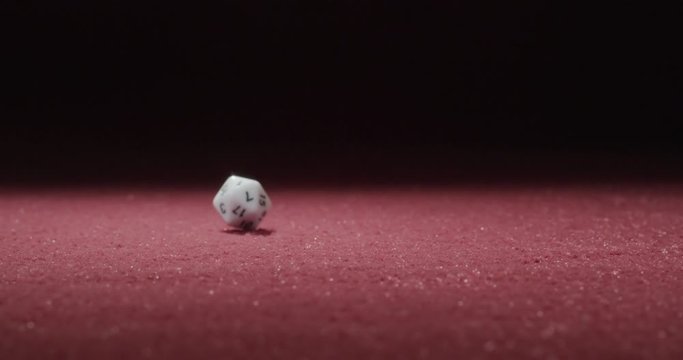 Wide of a White 20-Sided Dice Rolling in Slow Motion Revealing the 13 Side