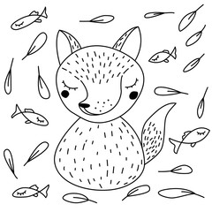 Fox and fish in Scandinavian style Doodle. Vector illustration black line