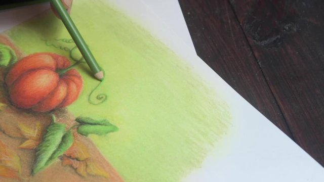 Dibujando Calabaza Oto&ntilde;o Octubre L&aacute;piz de color papel de Arte Pasatiempo Practicando en Cuarentena pigmento slider verde