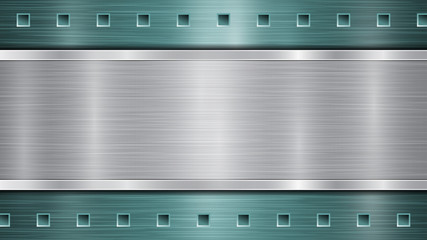 Background of light blue perforated metallic surface with holes and horizontal silver polished plate with a metal texture, glares and shiny edges