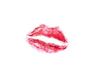 Red lipstick kiss on white background, top view