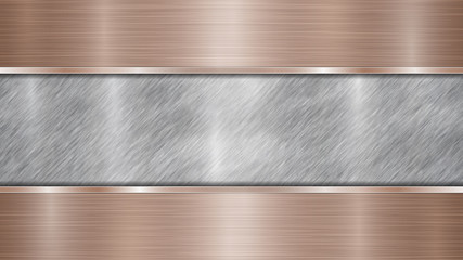 Background consisting of a silver shiny metallic surface and two horizontal polished bronze plates located above and below, with a metal texture, glares and burnished edges