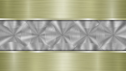 Background consisting of a silver shiny metallic surface and two horizontal polished golden plates located above and below, with a metal texture, glares and burnished edges
