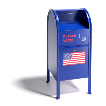 Blue mailbox in the style of the United States Postal Services with a request to vote by mail and an US flag. Mail-in ballot or absentee ballot. Isolated on white with shadow.