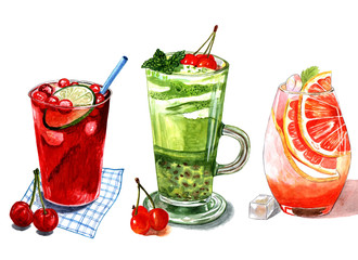 Set of watercolor cocktails. Soft drinks on a white background. Design for the design of a culinary website, menu, pub, bar, poster, label.