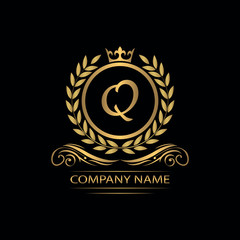 Golden Letter Q laurel wreath template logo Luxury gold letter with crown. Monogram alphabet . Beautiful royal initials letter.	