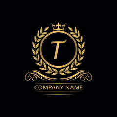Golden Letter T laurel wreath template logo Luxury gold letter with crown. Monogram alphabet . Beautiful royal initials letter.	