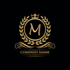 Golden Letter M laurel wreath template logo Luxury gold letter with crown. Monogram alphabet . Beautiful royal initials letter.	