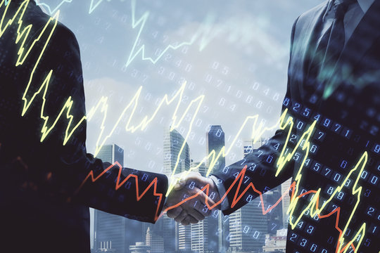 Double exposure of forex graph hologram and handshake of two men. Stock market concept. © peshkova