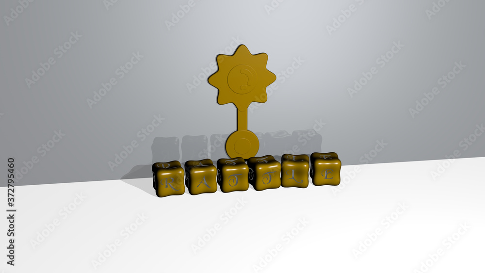 Poster 3d graphical image of rattle vertically along with text built by metallic cubic letters from the top