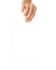 Holding card. Hand holding blank business paper card isolated on white background. Layout and...