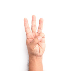 Hand showing three finger symbol isolated on white