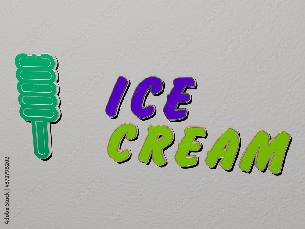 Poster 3d representation of ice cream with icon on the wall and text arranged by metallic cubic letters on 