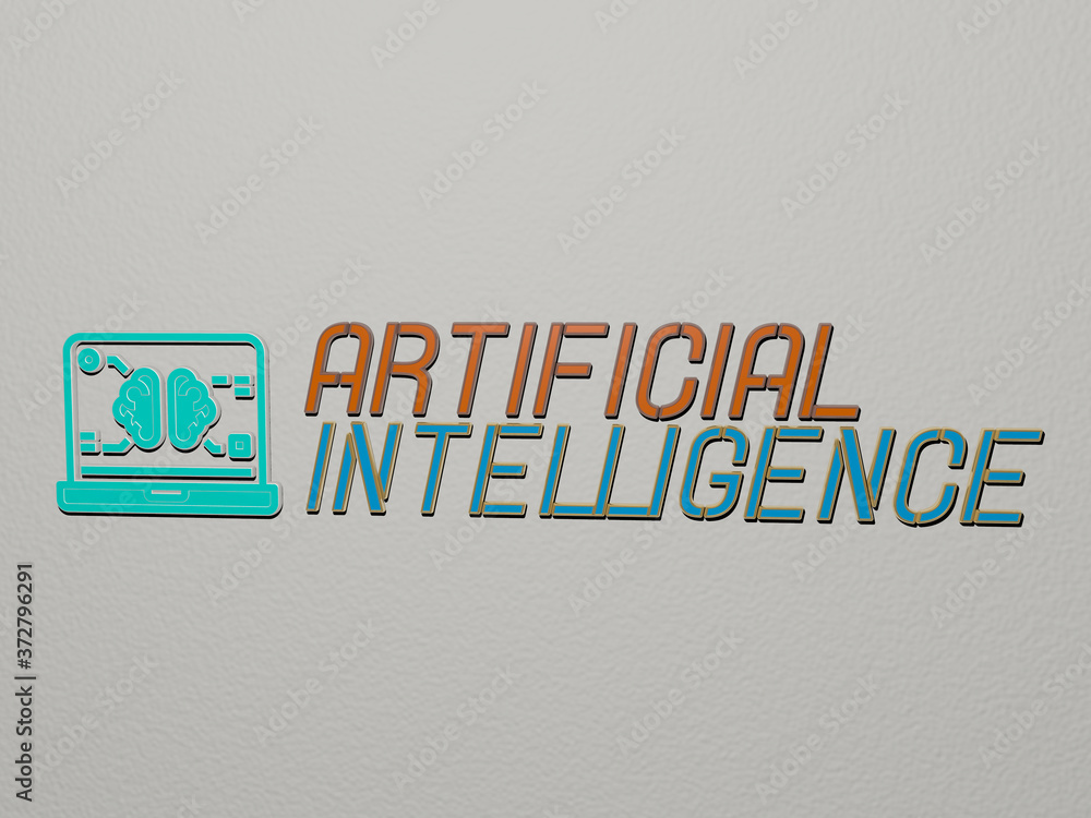 Poster 3d representation of artificial intelligence with icon on the wall and text arranged by metallic cub