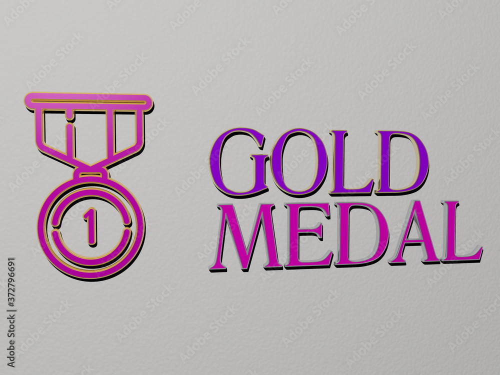 Poster 3d graphical image of gold medal vertically along with text built by metallic cubic letters from the