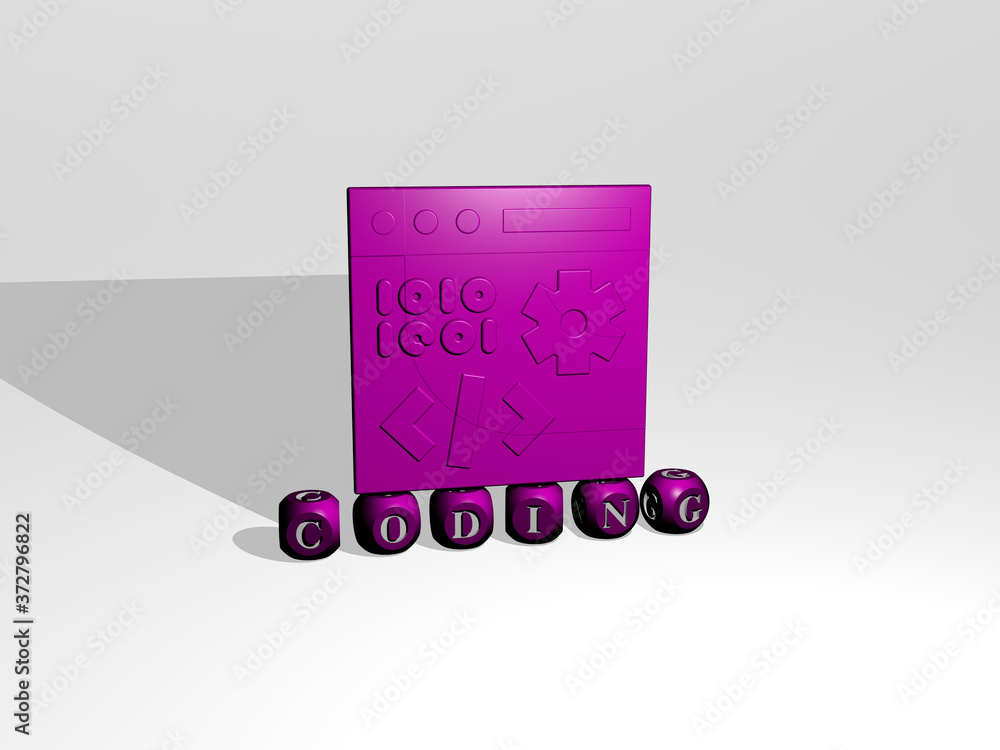 Poster coding 3d icon over cubic letters, 3d illustration for code and computer