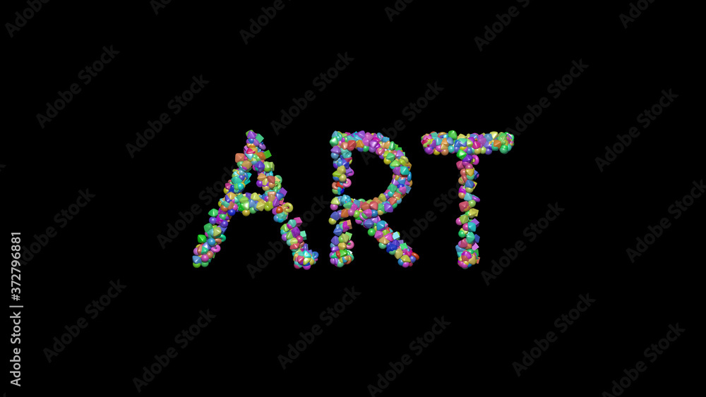 Poster art written in 3d illustration by colorful small objects casting shadow on a black background for ab