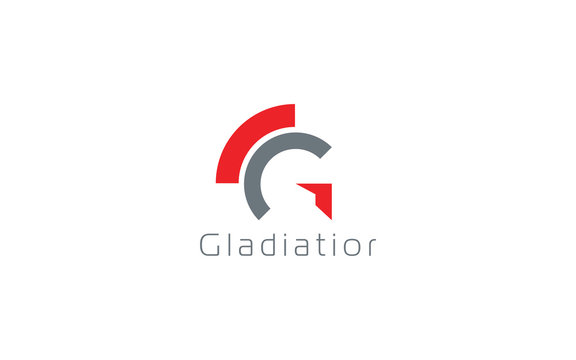 Letter G logo form gladiator helmet symbol in red color
