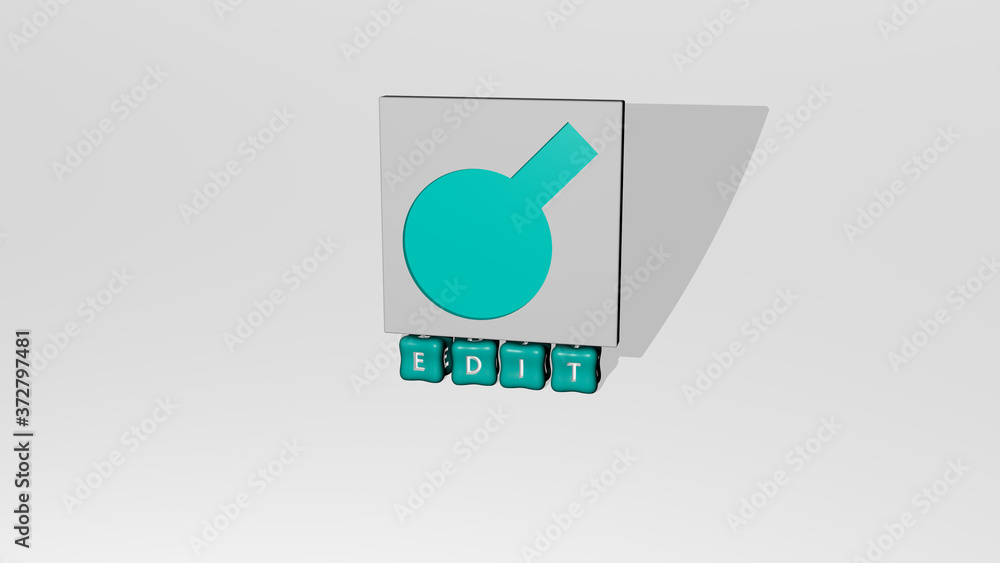 Poster 3d representation of edit with icon on the wall and text arranged by metallic cubic letters on a mir