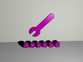 wrench 3D icon on the wall and text of cubic alphabets on the floor, 3D illustration for background and construction