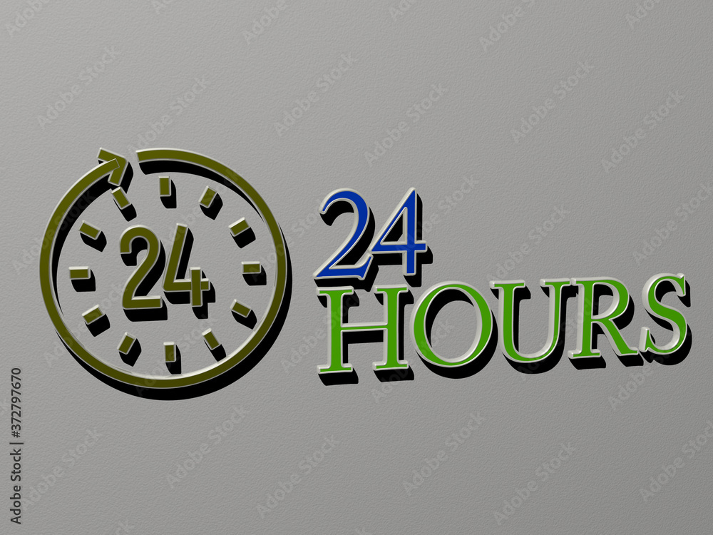 Poster 3d illustration of 24 hours graphics and text made by metallic dice letters for the related meanings