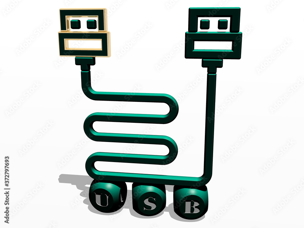 Poster usb cubic letters with 3d icon on the top, 3d illustration for background and computer