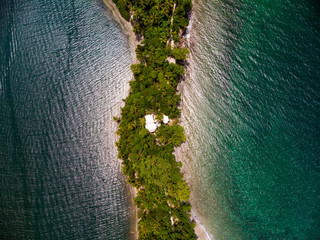 Aerial drone view of paradise island in Samana bay, Dominican Republic 