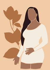 Pregnant mother illustration with flowers on the background. Cute young pregnant woman print poster.