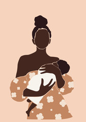 Portrait of Mother with a cute newborn baby illustration poster. Printable family wall art with pastel isolated background.