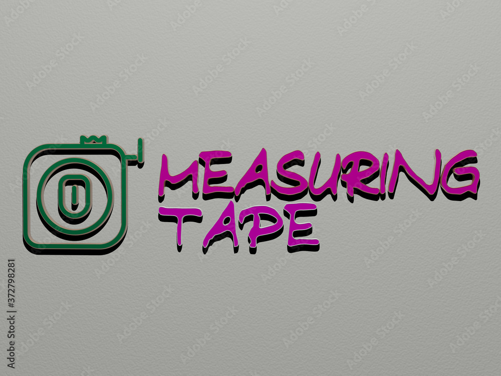 Poster 3d illustration of measuring tape graphics and text made by metallic dice letters for the related me